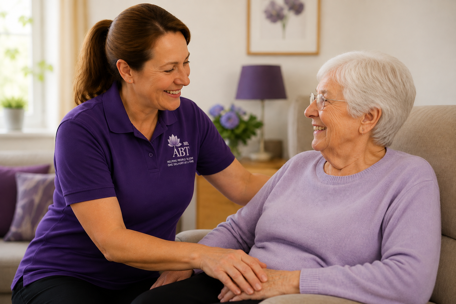 An ABT Medical Supply caregiver in a purple polo comforting a senior woman in a warm home living room